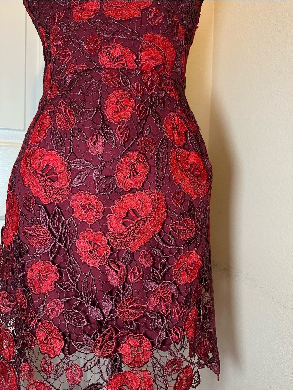 ML Monique Lhuillier Arielle Lace Cocktail Dress Burgundy Floral Size 6 - Picture 7 of 15